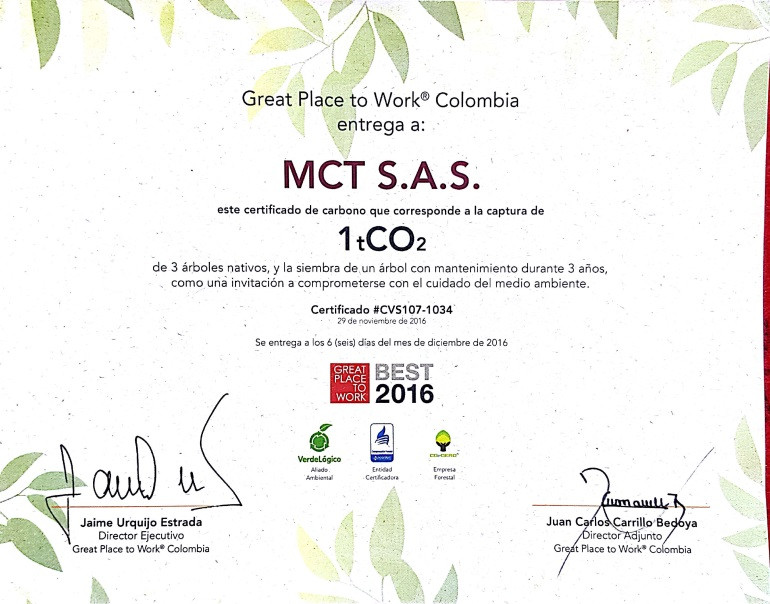 Certificado de Carbono que corresponde a la captura de 1tCO2.